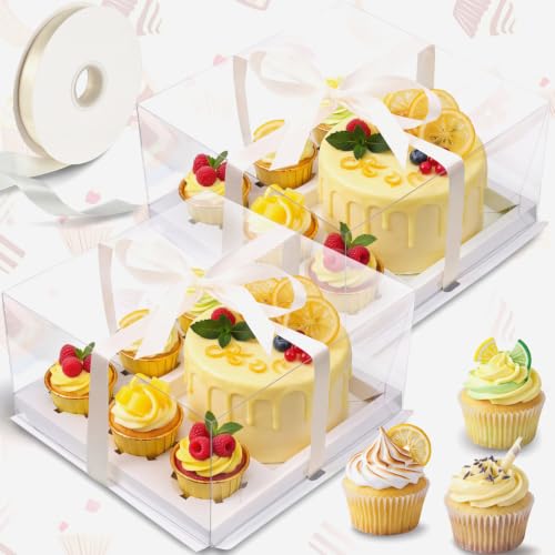 Sayglossy 2 Pack 1+5 Bento Cake Boxes with Cupcakes Clear Bento Cakes and Cupcake Box Combo Fit 5 Cupcakes and 1 Mini Cake for Mothers Day Wedding Birthday Treats Donuts Muffins Bakery (White)