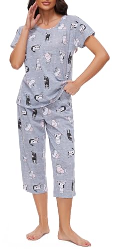 Image of CHUNG Women Cotton Pajama Sets Sleepwear pjs Short Sleeve Shirt Capri Length Crop Pants Cute Vivid Print