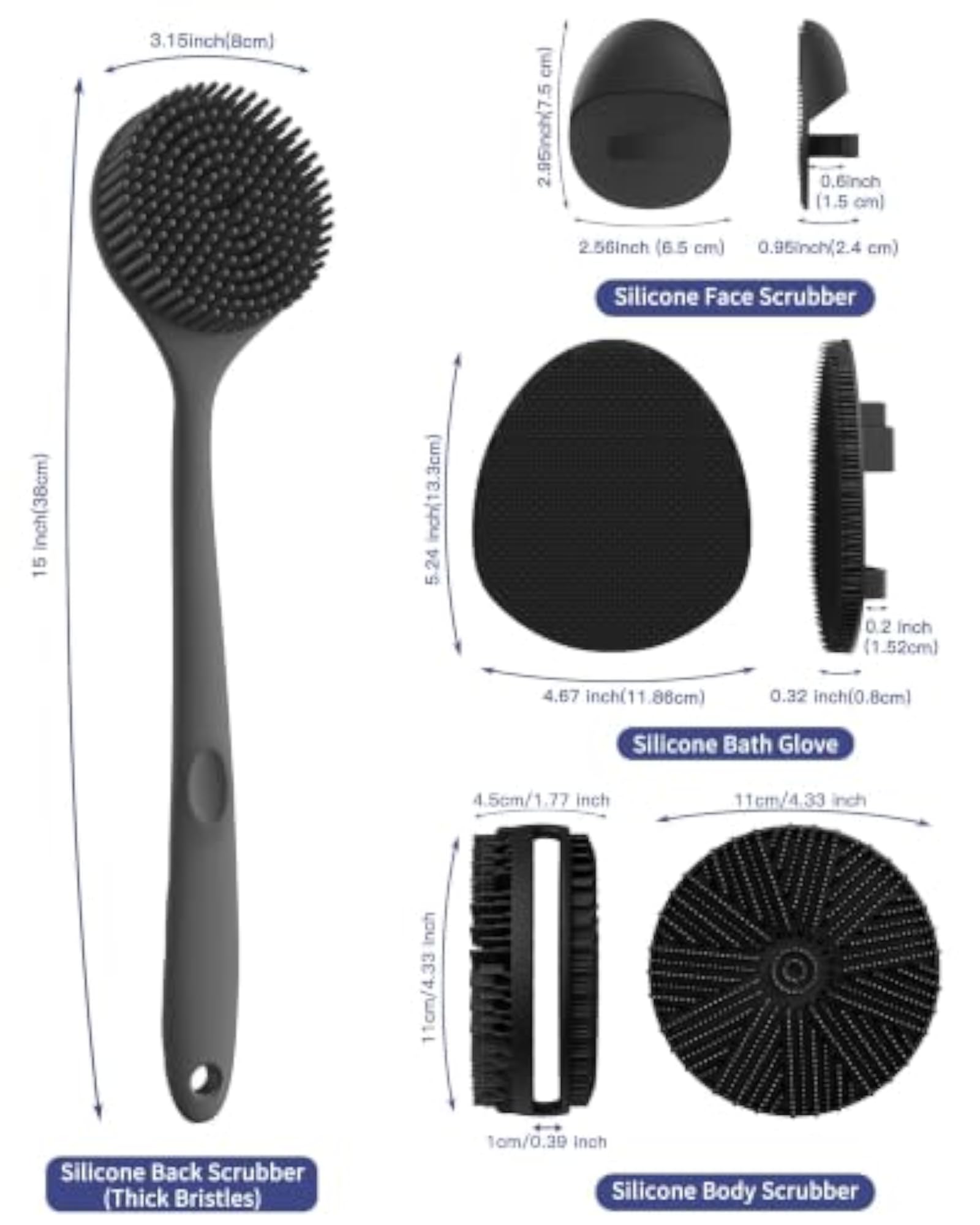 Silicone Back Scrubber & Soft Bath Glove Set 4 PCS