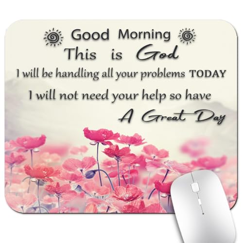 7AN.M 9.5"x 7.9" Anti-Slip Office/Gaming Mouse Pad - Good Morning This is God Inspirational Quote, Christian Bible Verse Scripture Pink Lotus Flowers Motivational Floral Art Cute Mat for Desk
