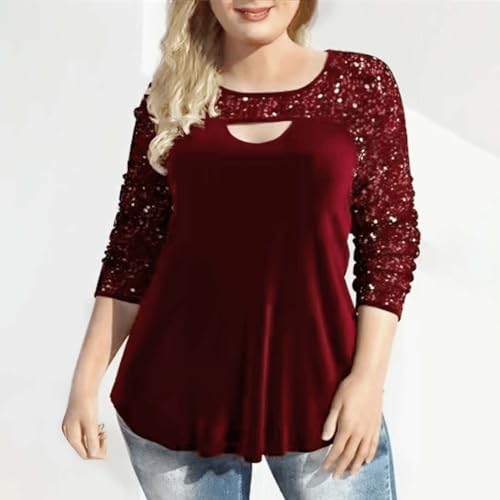 Camisetas femininas de gola redonda para mulheres, ajuste relaxado, longa, lantejoulas, brilhante, i