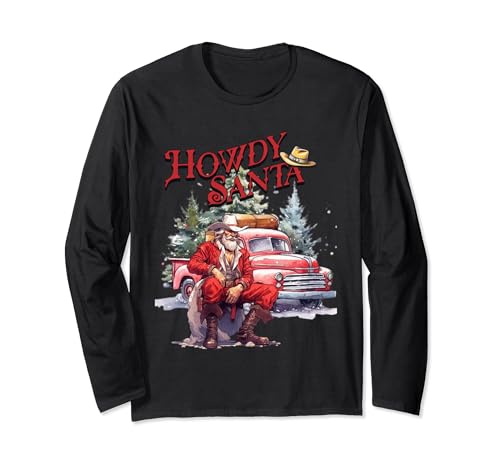 Western Christmas Santa Cowboy Red Howdy Red Truck Maglia a Manica