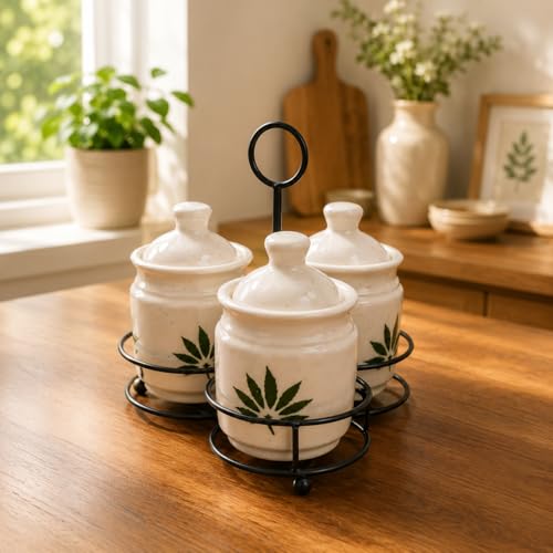 Image of Niyara Multipurpose Storage Ceramic Pickle set Jars with Lid & tray (green flower print set 3)