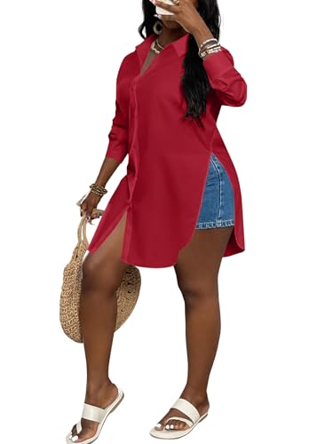 Image of LYANER Women's Collar Neck Long Sleeve Button Down Shirts Sexy Split Hem Tops Long Blouse Shirt Dress