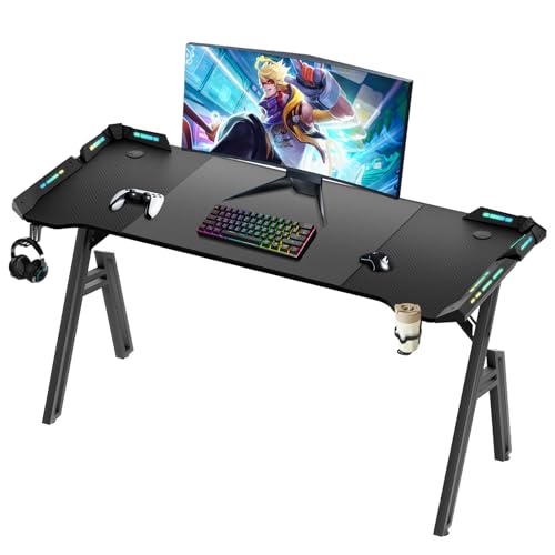 Escritorio Gaming LED，140 × 60cm Escritorio Gaming de Fibra de Carbono Ergonómicas，LED Mesa Gaming Ergonómica，Escritorio Ordenador con Portavasos y Gancho para Auriculares，Estación de Trabajo Gamer