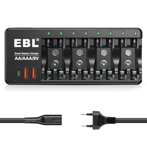 EBL Chargeur de Piles Universel- LED Chargeur Universel pour 1,2V AA/ HR6, AAA/ HR03 Ni-MH/Ni-CD, et 9V Ni-MH Ni-CD LI-ION Piles Rechargeables