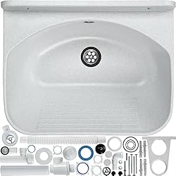 Pila Fregadero GOSPO Pila de vaciado con sifón, lavabo 46 x 36 x 20 cm, para lavabo, garaje, sótano, lavadero, taller, lavabo, montaje en pared, en placa, fregadero con accesorios, Blanco