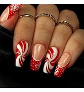 Christmas Press on Nails Medium Coffin Fake Nails Red French Tip False Nails with Designs Snowfla...