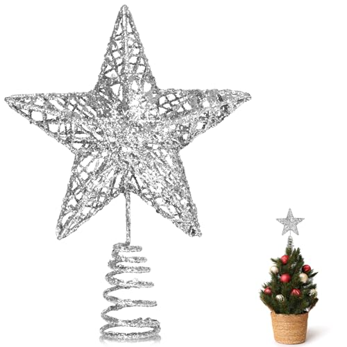 GXFCING Puntale per Albero di Natale, Piccola Punte Stella Argentata 3D Metallizzata Glitterata, Decorazione a Stella Albero di Natale, 15 x 12 cm (argento, S)