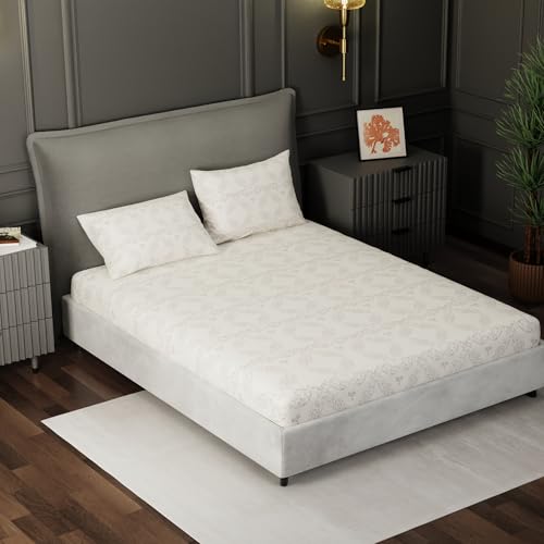 Image of BLISSHOME Everlast 150TC King Size Fitted Bedsheet with 2 Pillow Covers, Aesthetic Bedding, Wrinkle Resistant, 100+ Wash Durable, Quick Dry, Elegant Ornate Pattern - Brown (183cm x 198cm + 25cm Drop)