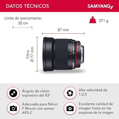 Ficha técnica Samyang F1120703101 Objetivo fotográfico DSLR para Nikon F Ae Distancia Focal Fija 16mm Apertura f/2-22 ED AS UMC CS diámetro Filtro 77mm Negro - Fernando Cortés Ficha técnica Samyang F1120703101 Objetivo fotográfico DSLR para Nikon F Ae Distancia Focal Fija 16mm Apertura f/2-22 ED AS UMC CS diámetro Filtro 77mm Negro - Fernando Cortés