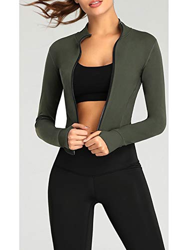 Tanming Women's Full Zip Seamless Workout Jacket Running Yoga Slim Fit Track Jacket (Armygreen-XS)