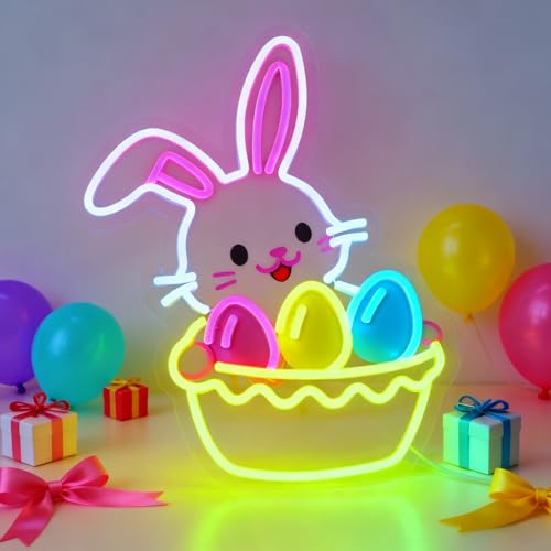 Image of Easter Egg Basket Neon Sign with Bunny - Rabbit Holding Basket Wall Decor, 10-Level Dimmable LED Light, USB Powered Easter Basket Stuffers Gift, 15.7 inchx12.6 inch