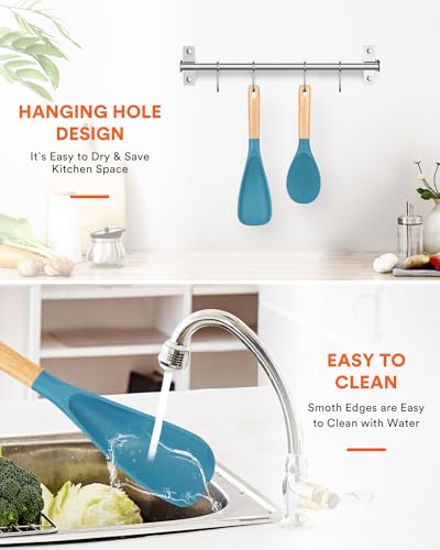 Image of Cooking Spoon and Rice Scooper for Nonstick Cookwares, Great for Cooking and Serving Durable BPA-Free Matte Silicone, Wood Handle Spoon for Mixing, Scoop, and Scrape