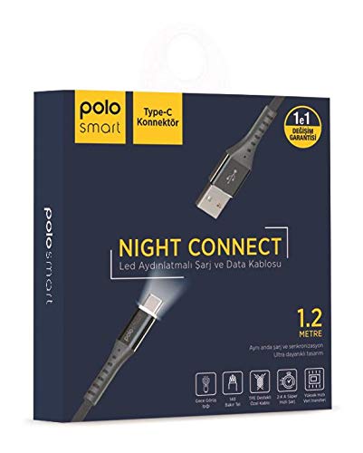 Polosmart PSM26 1.2 Metre Type-C (Android ve Diğer) Led Aydınlatmalı Şarj Ve Data Kablosu Siyah