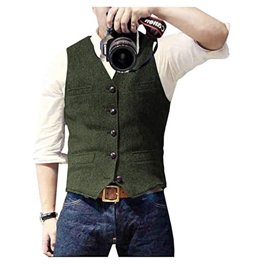 Mens Suit Vest Waistcoat Tweed Retro V Neck Wool Herringbone for Prom