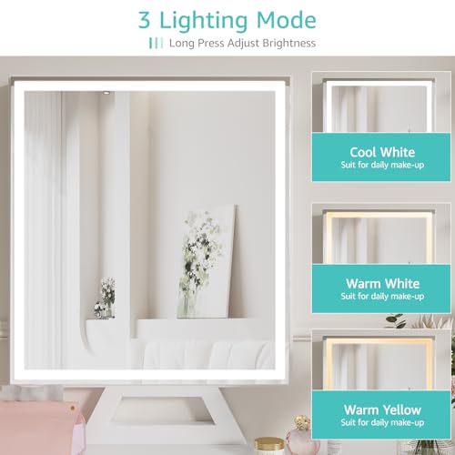 Image of White Makeup Vanity Desk with Mirror and Lights, Small Girls Vanity Set with Chair, Make Up Dresser Table with Drawers and Power Outlet for Bedroom Small Space