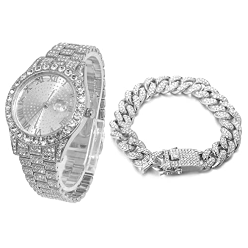 HALUKAKAH Diamonds Gold Watch Iced Out, Men's Platinum White Gold Plated 42MM Width Round Dial Quartz Wristband 24cm with Cuban Link Chain 20cm Bracelet Set, Free Giftbox