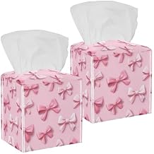 2 Pack Pink Bows Tissue Box Cover, Square PU Leather Tissue Holder, Decorative Facial Tissue Cube Paper Organizer Dispenser for Bathroom, Night Stands, Desk, Car