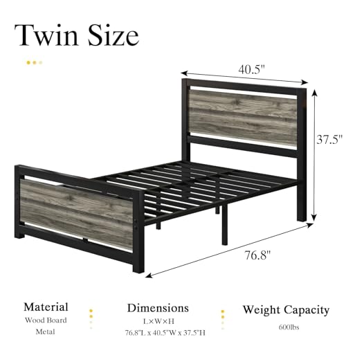 Catrimown Twin Bed Frames with Wood Headboard and Footboard, Heavy Duty Metal Twin Platform Bed Frame, Noise-Free, Twin Bed Frame No Box Spring Needed, Easy Assembly - Thumbnail 2