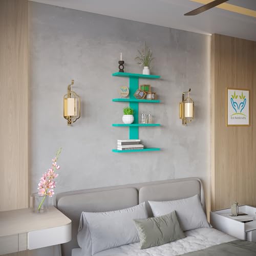 Image of Wooden Wall Mounted Floating Rack Shelves Book Stand Display Hanging Shelf Living Room Bedroom Storage Home Office for Decoration Showcase (Cyan)