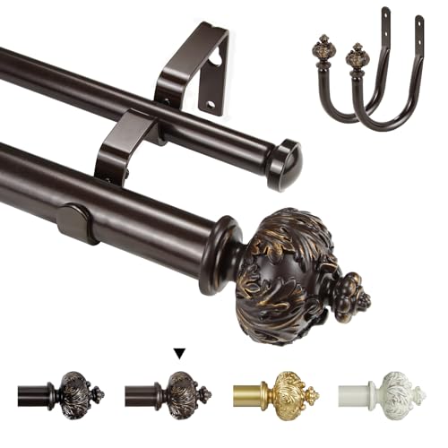 Double Curtain Rod with Albert Finials, 1 Inch Diameter, Adjustable Length 28-48, 48-84, 84-120 Inches (Bronze Gold（+Holdbacks）, 213-304 cm)