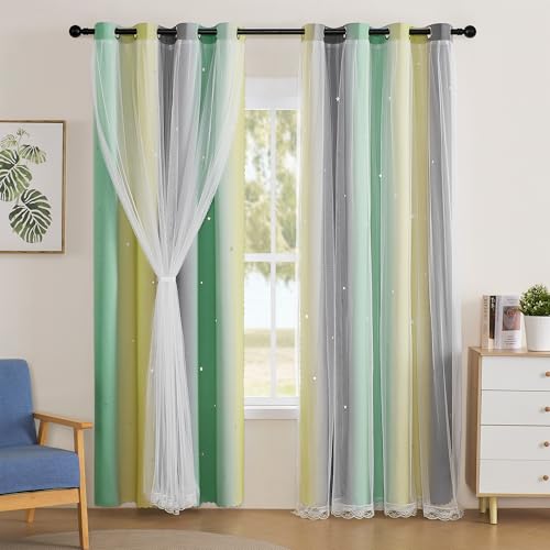 Image of XiDi Curtains for Bedroom Decor, Rainbow GreenYellowGrey52 /54 /1