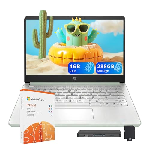 HP 14インチ超軽量ノートパソコン 1年間のOffice 365&AI-Copilot、IntelプロセッサーN150、4GB RAM、288GBストレージ (128GB UFS + 160GBドッキングセット)、長いバッテリー寿命、HDカメラ、Wi-F