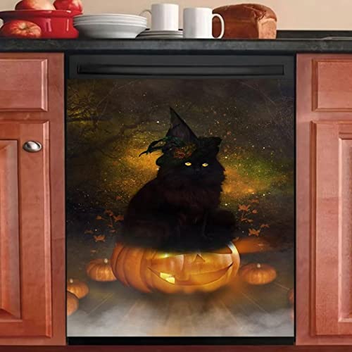 WOWFEEL Halloween schwarze Katze Küche Magnet Geschirrspüler Abdeckung Aufkleber, Kürbisse Vinyl Kühlschrank Magnetische Panel Aufkleber, Halloween Haushaltsgeräte Dekor, 58,4 x 66 cm magnetisch Cover