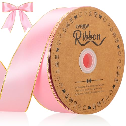 Lyrow Pink Satin Ribbon With Gold Edges