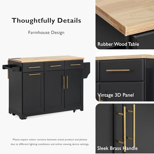 SOFTSEA Rolling Kitchen Cart with Trash Can Storage, Kitchen Island with Rubber Wood Drop Leaf & 2 Pull Out Cabinet Organizers, 59.3\" Kitchen Table with Power Outlet, Spice & Towel Rack, Black