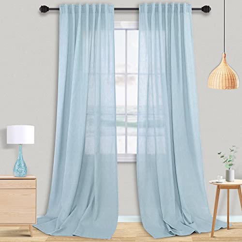 Sky Blue Semi Sheer Curtains 96 Inch Length 2 Panels Set Linen Textured Window Drapes With Light Filtering Lightweight Rod Pocket Back Tab Baby Light Blue Curtains For Living Room/Girls Bedroom/Patio #TOP10