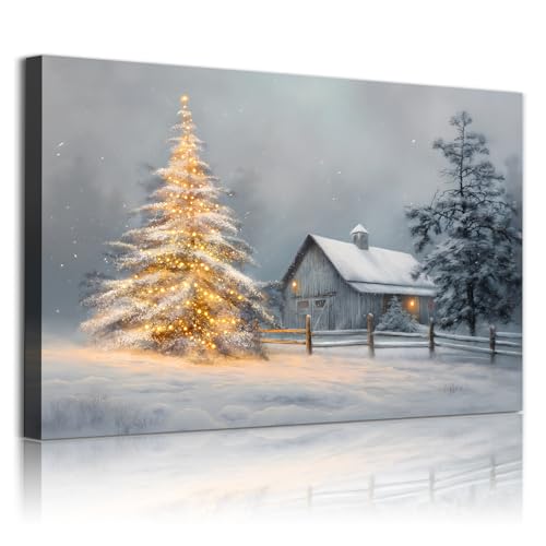 Tevenuktla Winter Landscape Art Prints Christmas Tree Pictures Snowy Forest Canvas Wall Art for Living Room Winter Village Poster Rustic Barn Decorated Wall Art 16x24inch No Frame
