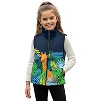 FishDing Giraffe Palm Print Girls Zipper Gilet Jacket Art Cartoon Pattern Sleeveless Vest Coat Warm Soft Stand Collar Waistcoat Fall Winter Outwear with Pockets Toddler Kids Sport Clothing