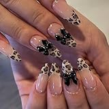 24Pcs Valentines Day Press on Nails Medium Almond QUNQINLI Leopard French Fake Nails Press ons Nail Tip Kit 3D Black Bow False Nails Glossy Acrylic Glue on Nails Nude Stick on Nail for Women