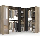 IDMarket - Vestidor extensible en esquina MARLON 230 x 140 x 180 cm haya con armarios + estantes + espejo + cortinas negras