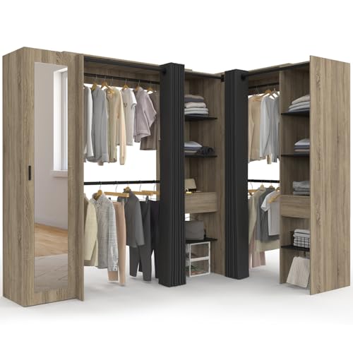 IDMarket - Dressing extensible d'angle MARLON 230 x 140 x 180 cm cm hêtre avec penderies + étagères + miroir + rideaux noirs