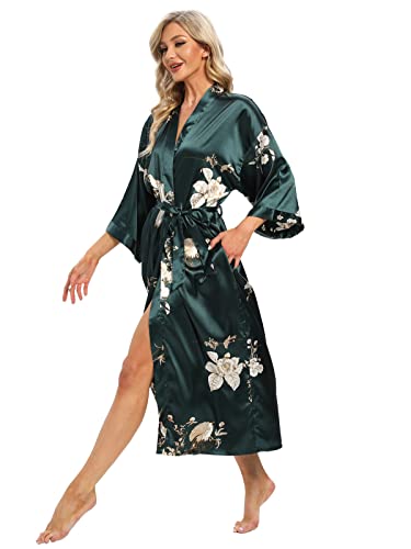 V Vaborous Women's Floral Long Satin Robe - Soft Silk Kimono, Lightweight Sleepwear for Bridesmaids, Dark Green, S/M V Vaborous Women's Floral Long Satin Robe - Soft Silk Kimono, Lightweight Sleepwear for Bridesmaids, Dark Green, S/M - Image 4