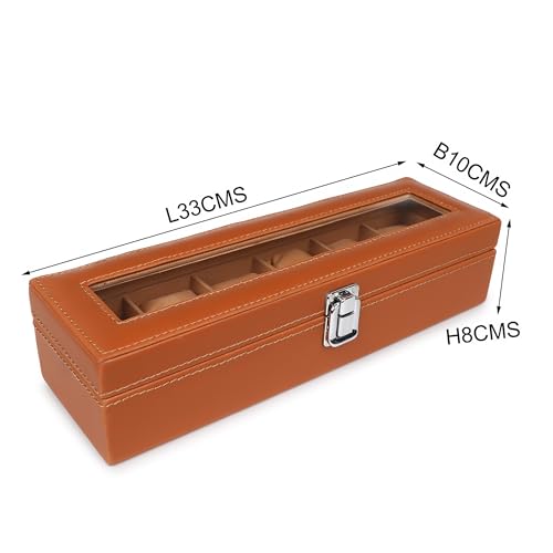 Image of LEDO Watch Box Organizer, 6 Slot Storage Case with Clear Transparent Top, Tan PU Leather with Cream Velvet Interior, Metal Clip Lock, Rectangular