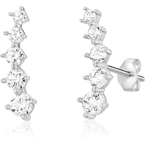 Solid 14k Gold Graduated Crawler Curved Bar Climber Five Stone Stud Earrings