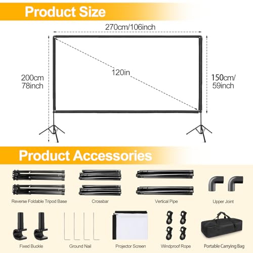 Outdoor Projector Screen with Stand, 120 inch Portable Projector Screen Stand with Elastic Rope Bar, Indoor 16:9 4K HD Wrinkle-Free Front Rear Projection Screen with Carry Bag for Movie Night Camping by GLOSHOOTING - Used condition - Image 6