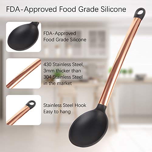 Silicone Cooking Utensil Set,14 Pcs Kitchen Utensils Set with Holder Non-stick Heat Resistant Cookware Cooking Turner Tongs Spatula Spoon with Stainless Steel Handle (Gold Black) BPA Free, Non Toxi