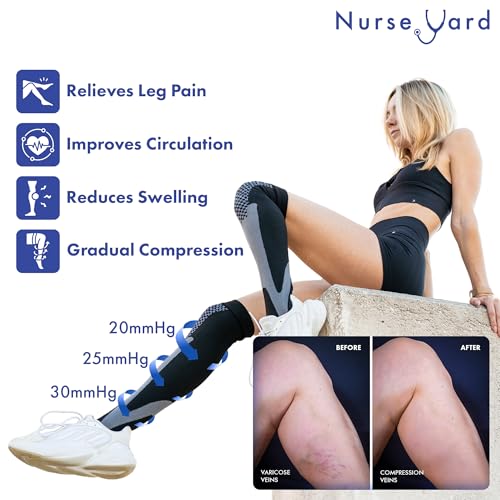 Image of Nurse Yard Compression Socks for Women and Men | 20-30mmHg Graduated Medical Compression Socks for Nurses | Travel and Flying | Athletic Support for Running, Best Compression Socks | 1 Pair Black