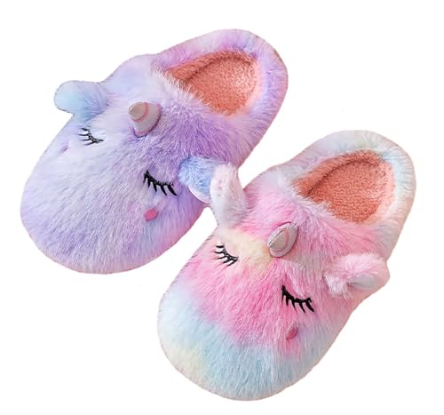 Cute Plush Unicorn Slippers for Women Cartoon Fluffy Fuzzy Rainbow Slippers Cozy House Slippers Indoor Outdoor (Rainbow Unicorn Adult Women 7 Numeric Range US Footwear Size System 7.5 Medium)