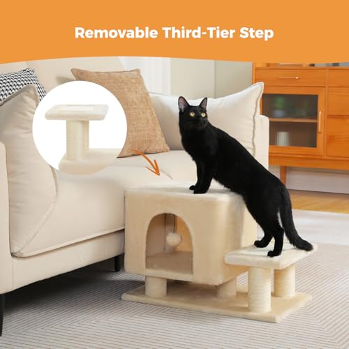 Image of 3-in-1 Dog Stairs & Cat Scratching Post with Condo, Pet Steps for High Beds, Sofa, Couch, Tall Cat Tower, High-Strength Boards for Indoor Small Cats Kittens Dogs Climbing Playing, 3 Steps-Beige