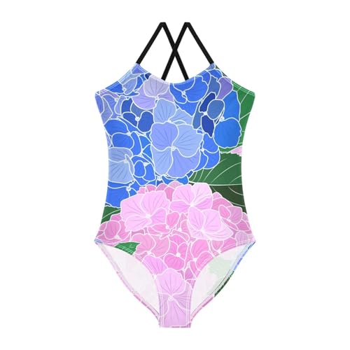 Girls One Piece Swimsuits Blooming Hydrangea Flowers Pattern Sport Halter Swimwear Beach Bathing Suit,9-10T