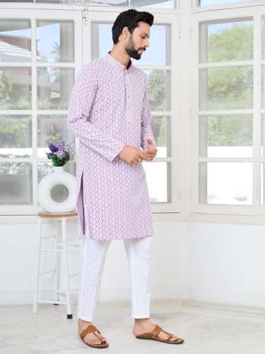 Image of See Designs Men's Full Sleeve Mandarin Collar Embroidered Thread Work Sequinned Rayon Straight Long Kurta - Festive Collection