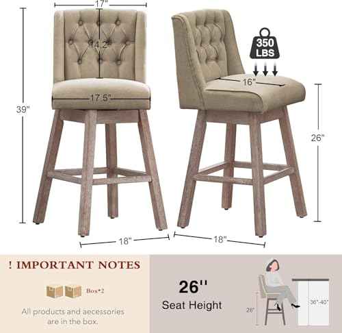 Image of Counter Height Bar Stools Set of 3, 360Swivel Bar Stools with Back and Wood Legs, 26 inch Morden Linen Fabric Upholstered Barstools for Kitchen Island Dining Room Bar