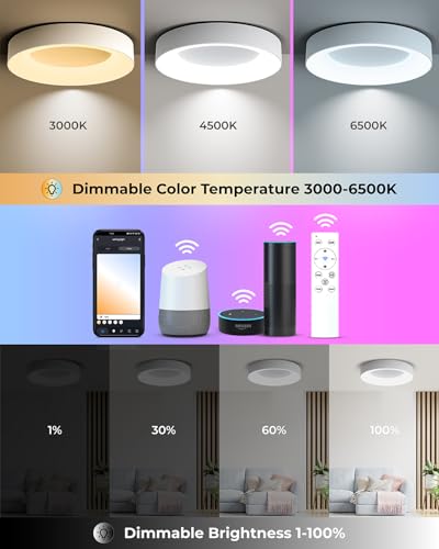 Matane Smart Ceiling Light RGB with Remote Control, 24W Dimmable LED Flush Mount Lamp Indoor Work with APP, Alexa, Google Home, 3000-6500K for Living Room, Bedroom, Kids Room, Kitchen, Round 11 inch - Image 3