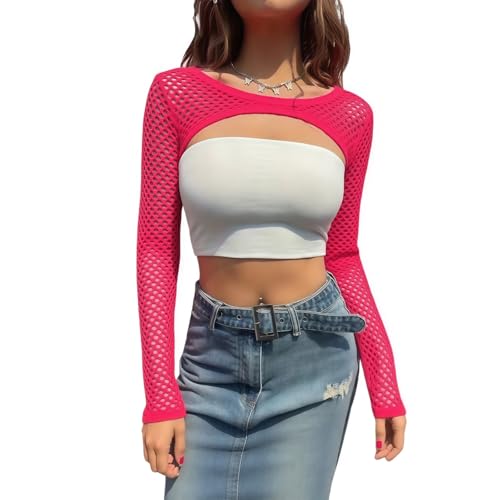 DUOYIJIN Mesh Fishnet Tops for Women Long Sleeve Shrug Fishnet Novelty Crop Tops Y2K Clubwear Ladies Disco Retro Outfit 1980s Costume Neon Pink